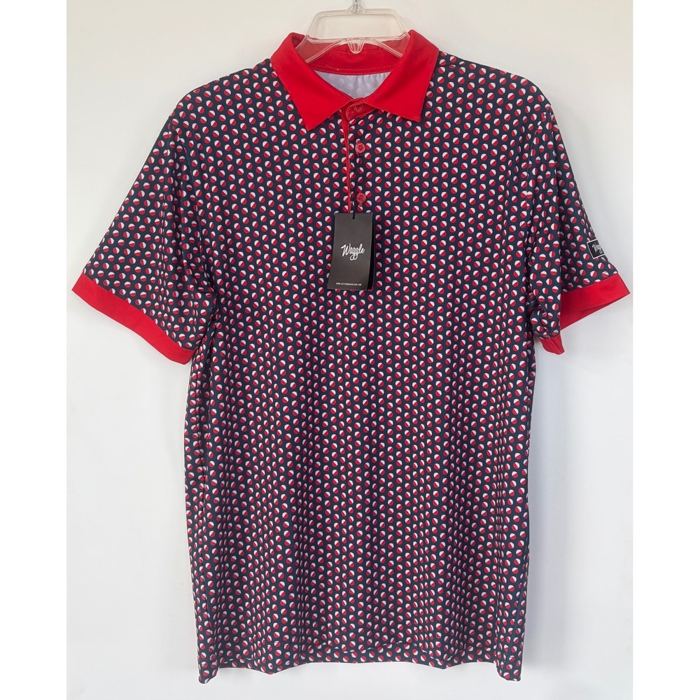 Waggle Golf Mens Bobby Polo Shirt Navy Red Fishing Bobber Print Size Medium NEW